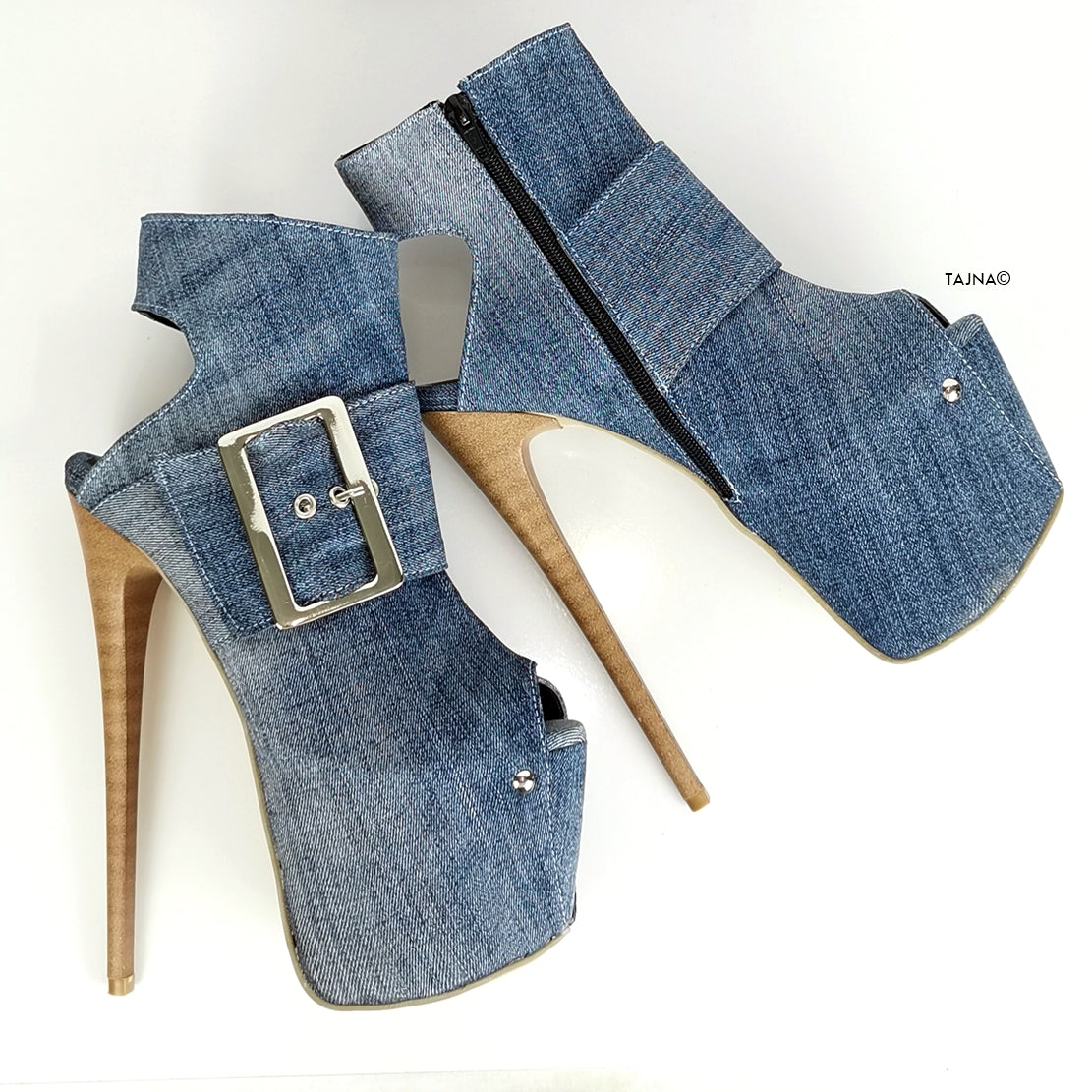 Jean Denim Big Belted Sling Back Heels - Tajna Club