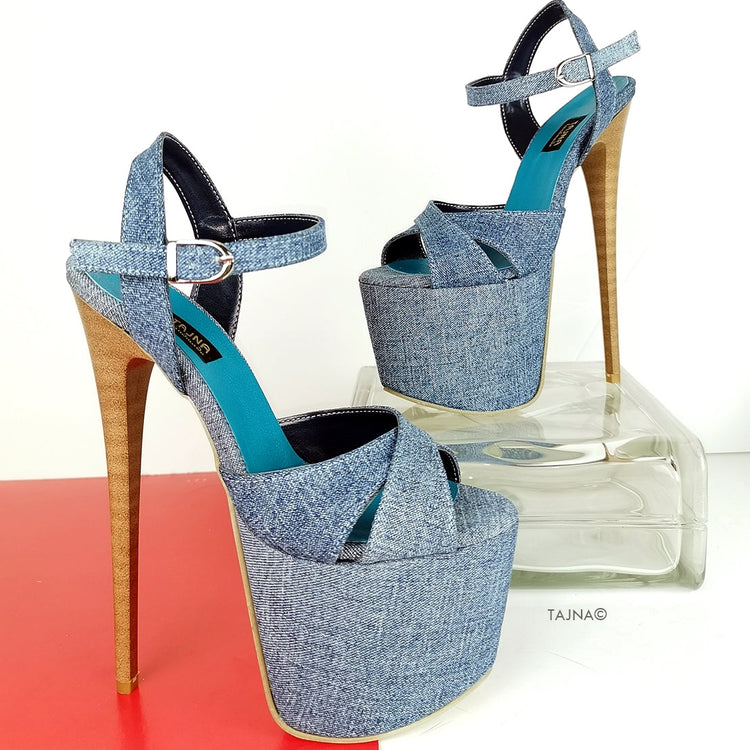 Cross Strap Jean Denim Platform Sandals - Tajna Club