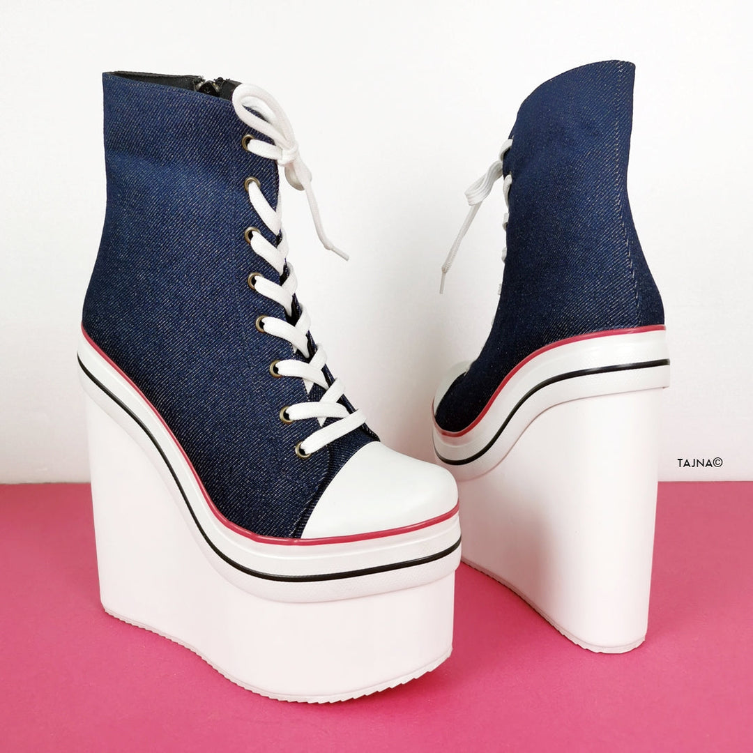 Jean Denim Lace up Wedge Ankle Booties - Tajna Club