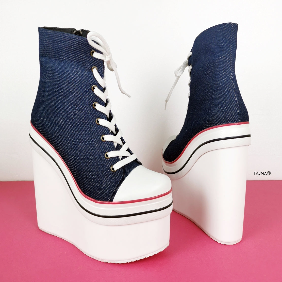 Jean Denim Lace up Wedge Ankle Booties - Tajna Club
