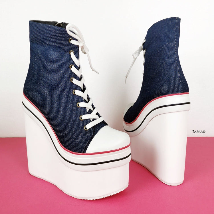 Jean Denim Lace up Wedge Ankle Booties - Tajna Club