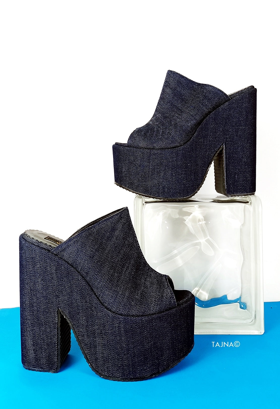 Jean Peep Toe Wedge Platform Mules - Tajna Club