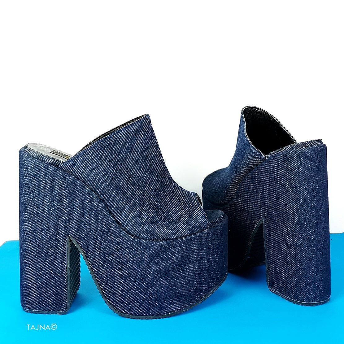Jean Peep Toe Wedge Platform Mules - Tajna Club