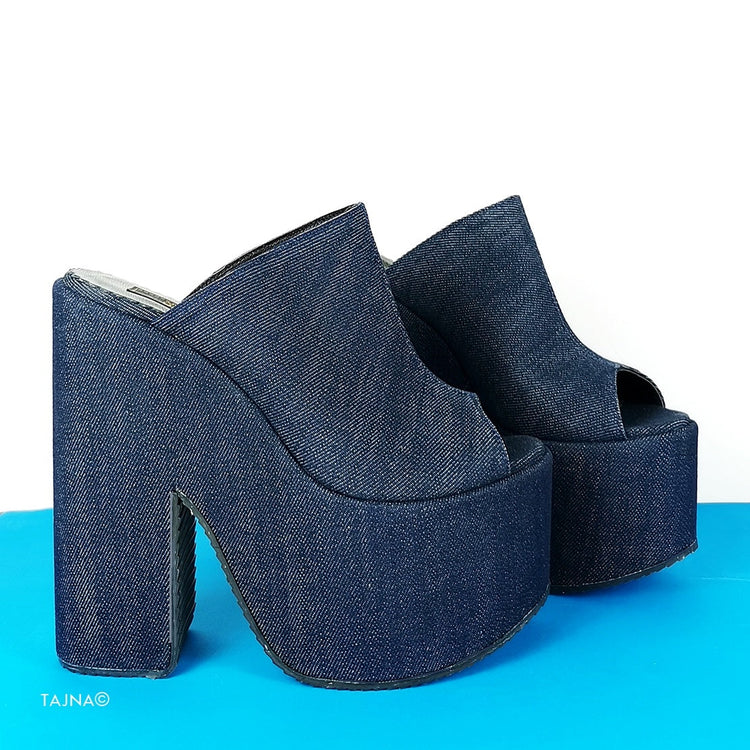 Jean Peep Toe Wedge Platform Mules - Tajna Club