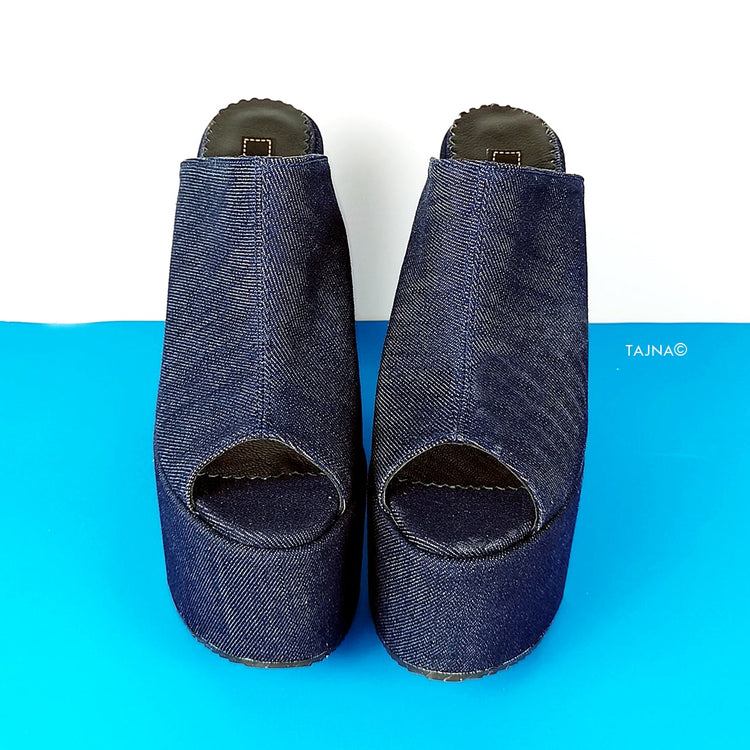 Jean Peep Toe Wedge Platform Mules - Tajna Club
