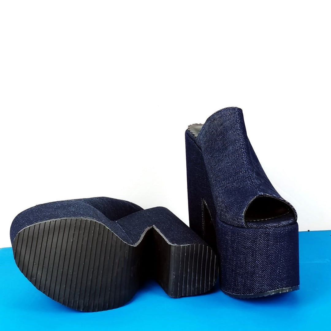 Jean Peep Toe Wedge Platform Mules - Tajna Club