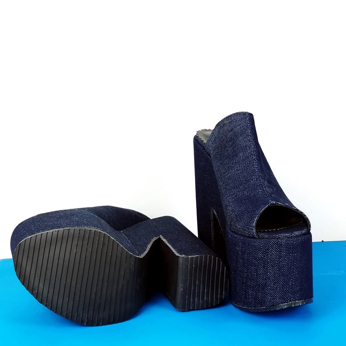 Jean Peep Toe Wedge Platform Mules - Tajna Club