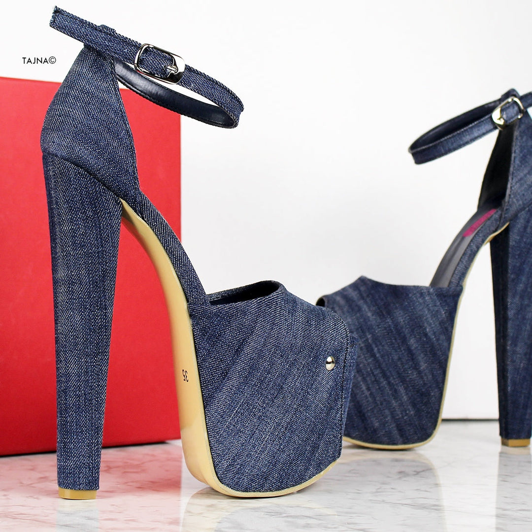 Jean Denim Ankle Strap High Heels - Tajna Club