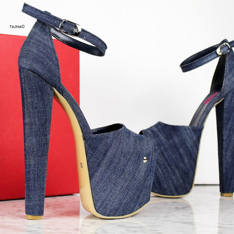 Jean Denim Ankle Strap High Heels - Tajna Club