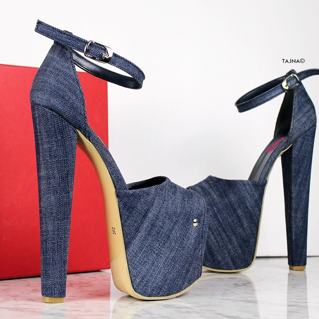 Jean Denim Ankle Strap High Heels - Tajna Club
