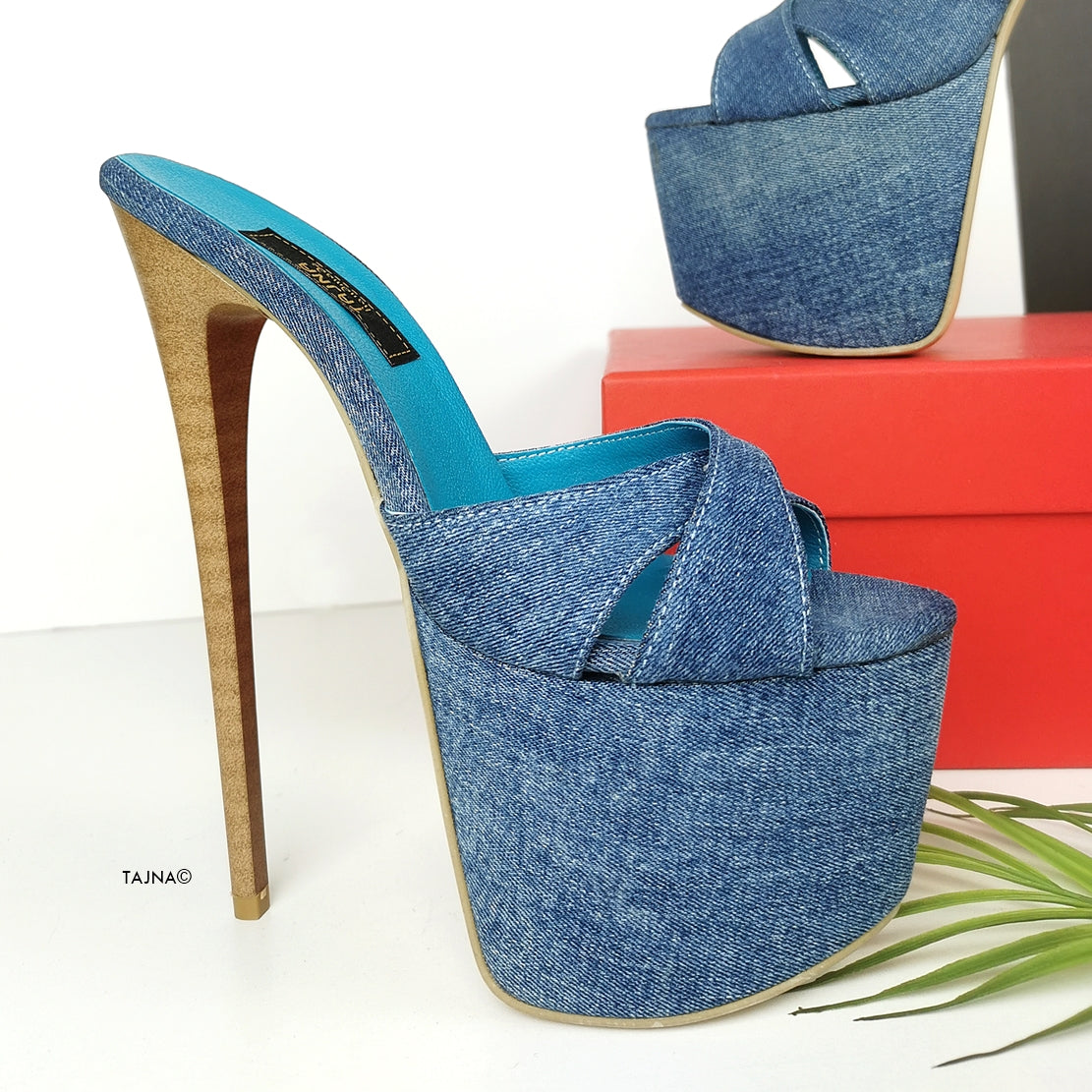 Jean Denim Cross Strap High Heel Mules - Tajna Club