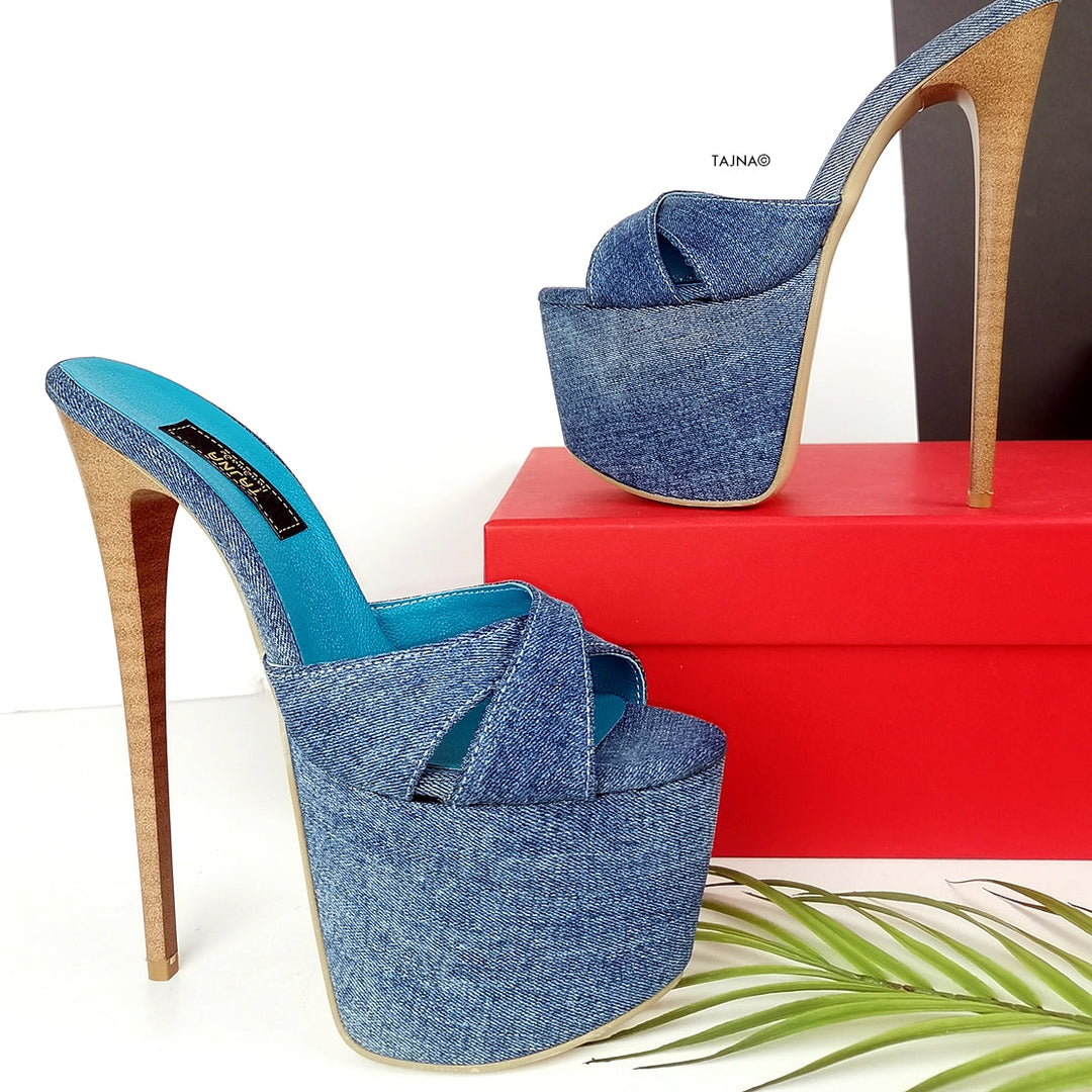 Jean Denim Cross Strap High Heel Mules - Tajna Club
