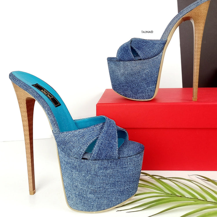Jean Denim Cross Strap High Heel Mules - Tajna Club