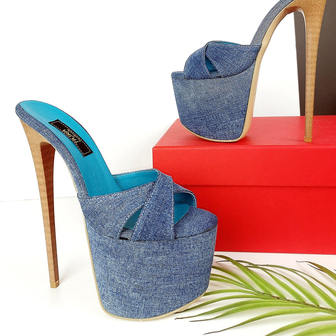 Jean Denim Cross Strap High Heel Mules - Tajna Club