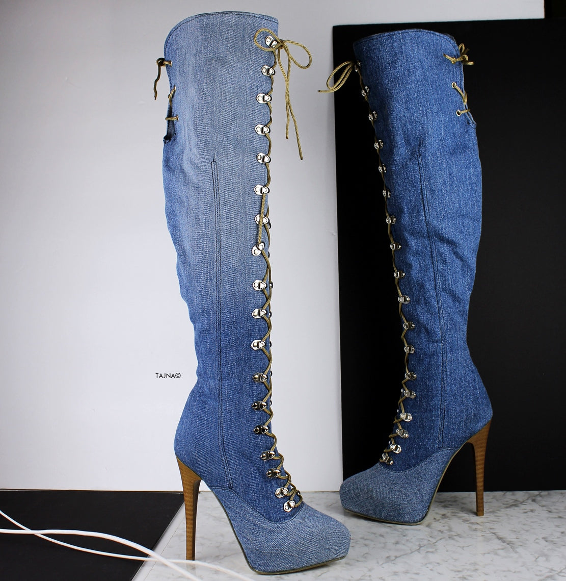 Jean Denim Pointy Toe Military Style Long Boots - Tajna Club