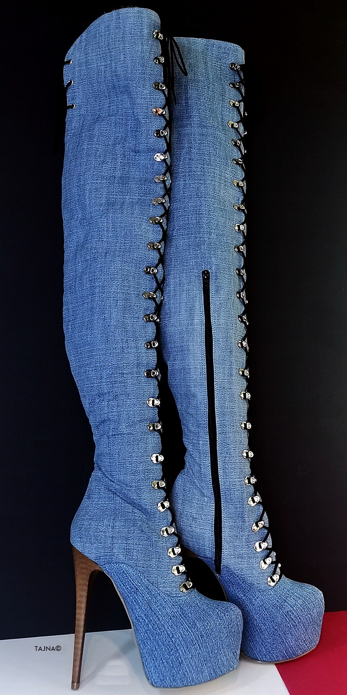 Jean Denim  Thigh High Military Style Boots - Tajna Club