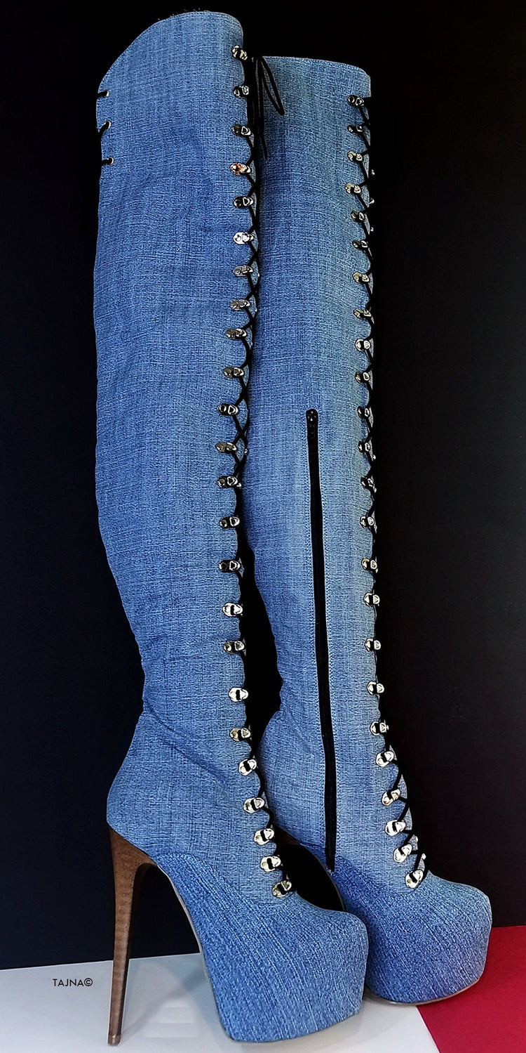 Jean Denim  Thigh High Military Style Boots - Tajna Club