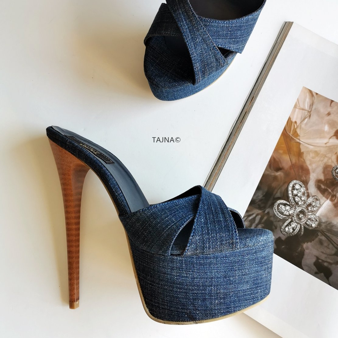 Denim mules heels online