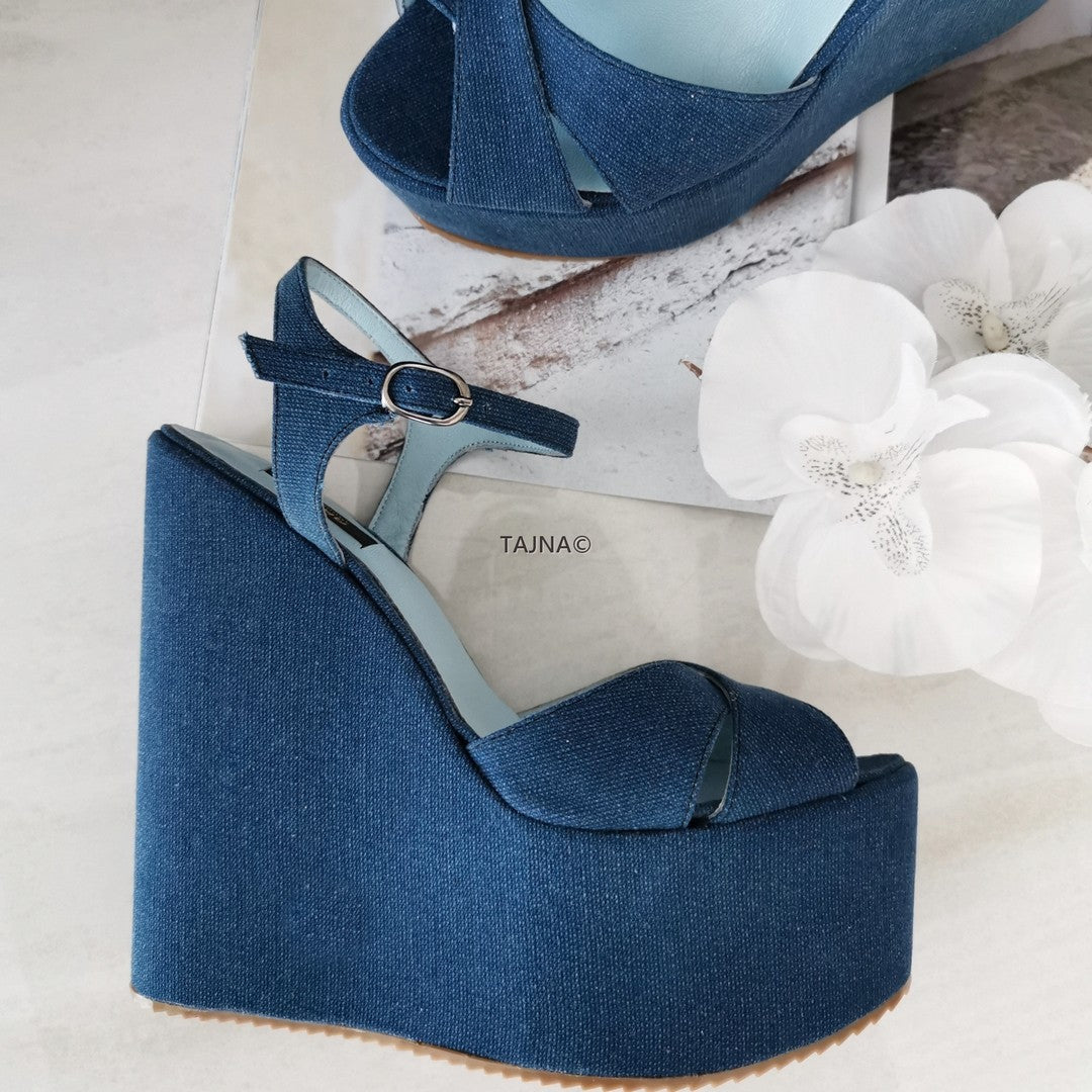 Jean Cross Strap Wedge Sandals - Tajna Club