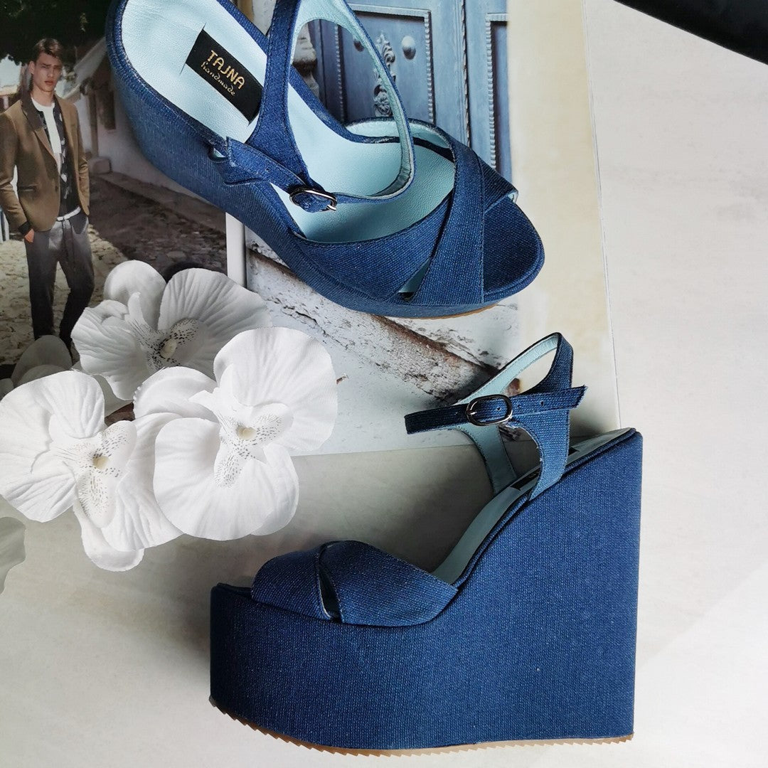 Jean Cross Strap Wedge Sandals