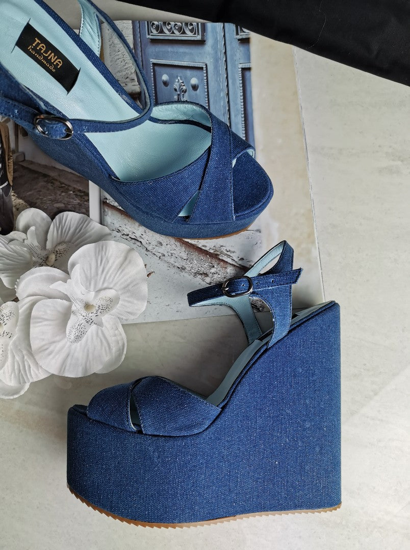 Jean Cross Strap Wedge Sandals - Tajna Club