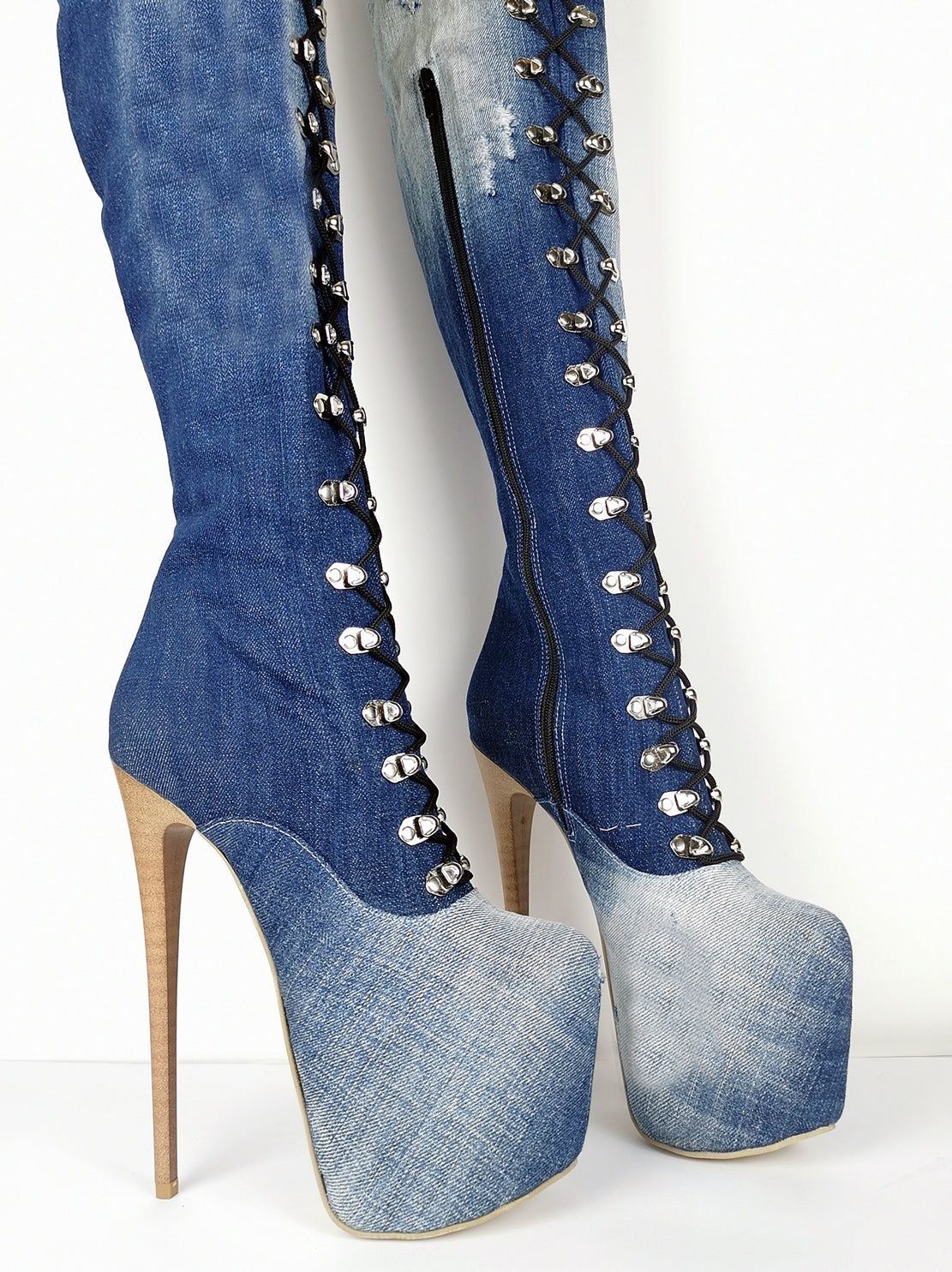 Military Style Denim Jean Over the Knee Boots - Tajna Club