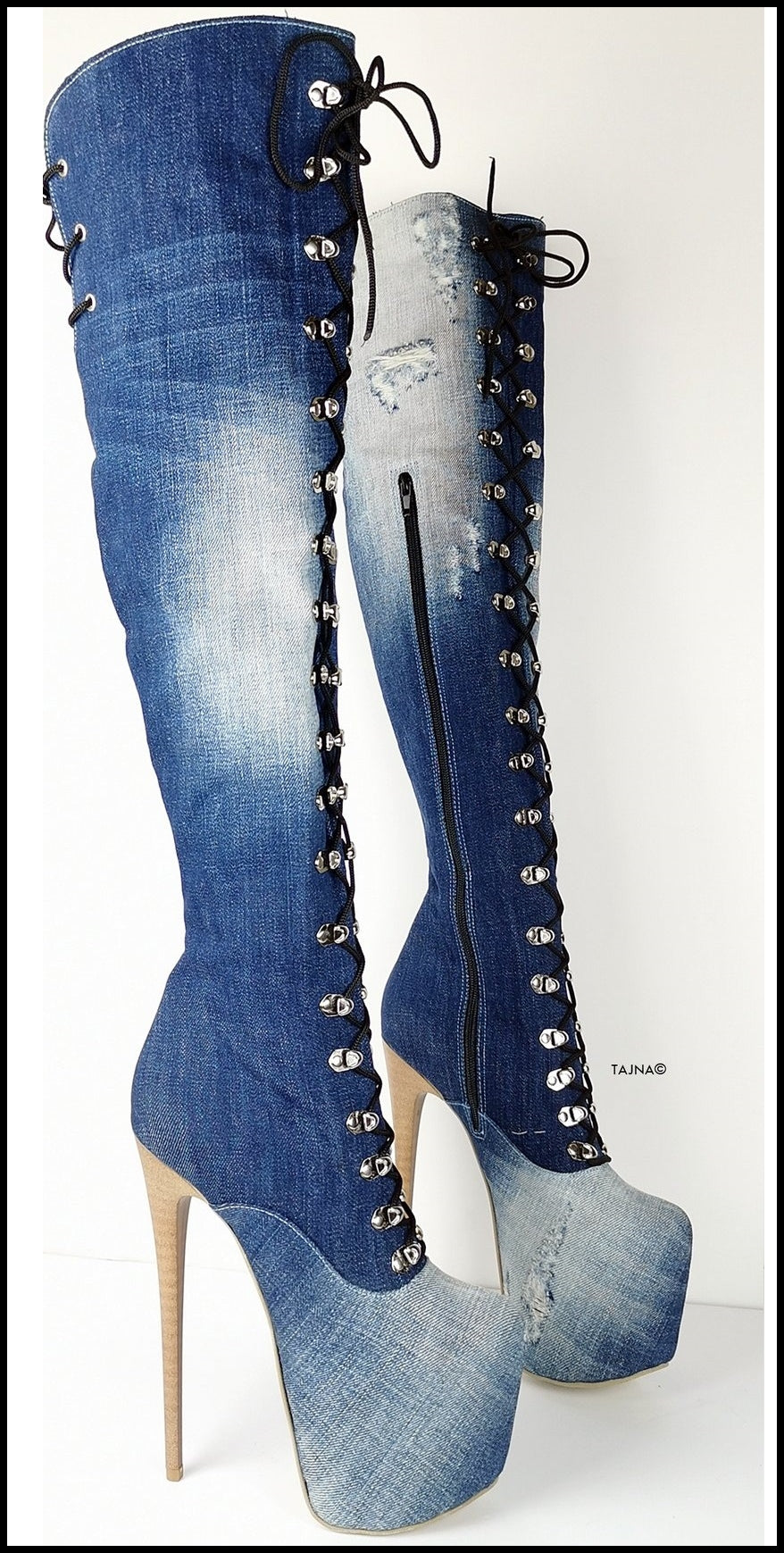 Military Style Denim Jean Over the Knee Boots - Tajna Club