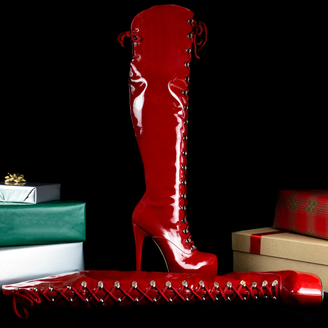 Red Patent Military Style Lace Up High Boots - Tajna Club