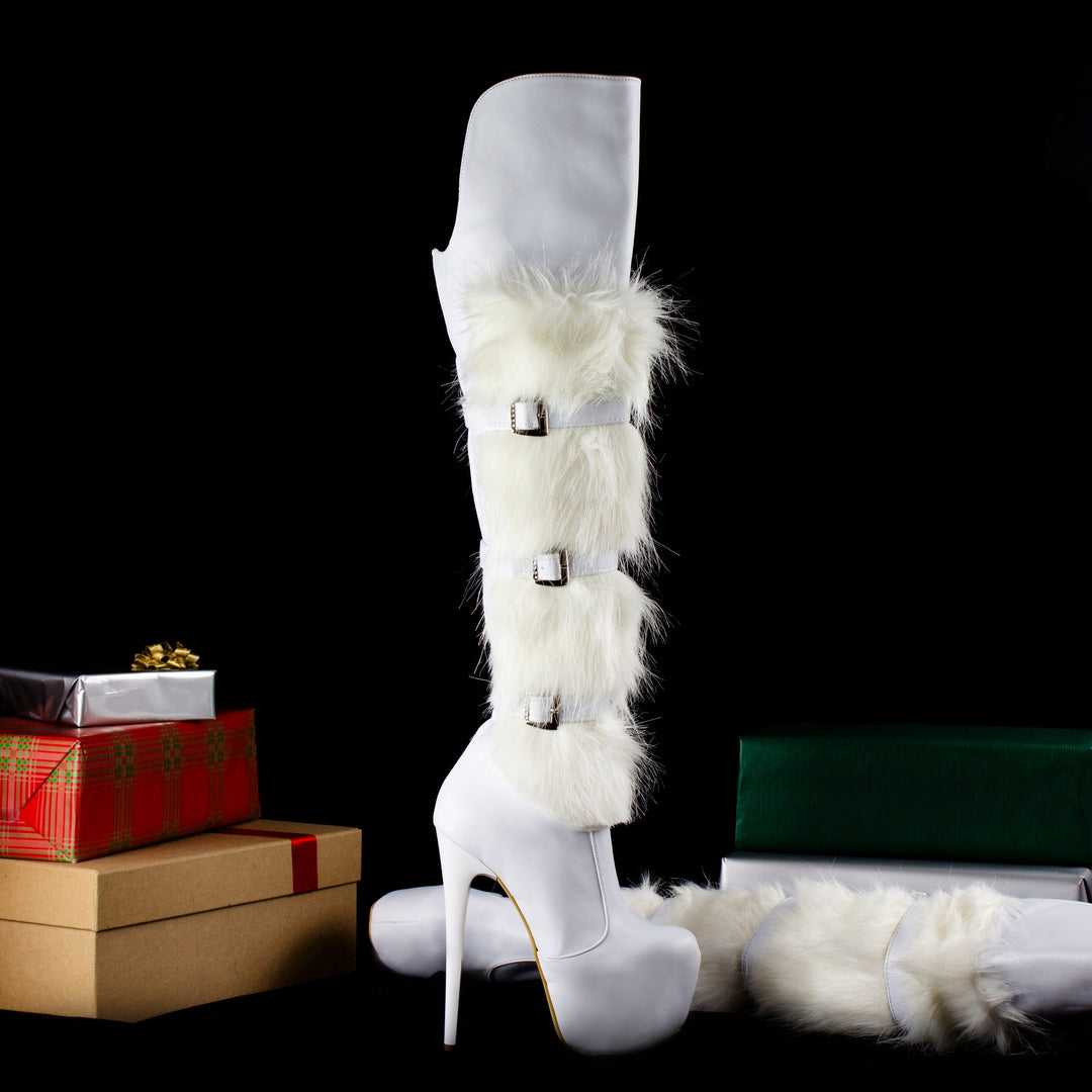 White Furry Over Knee Boots - Tajna Club