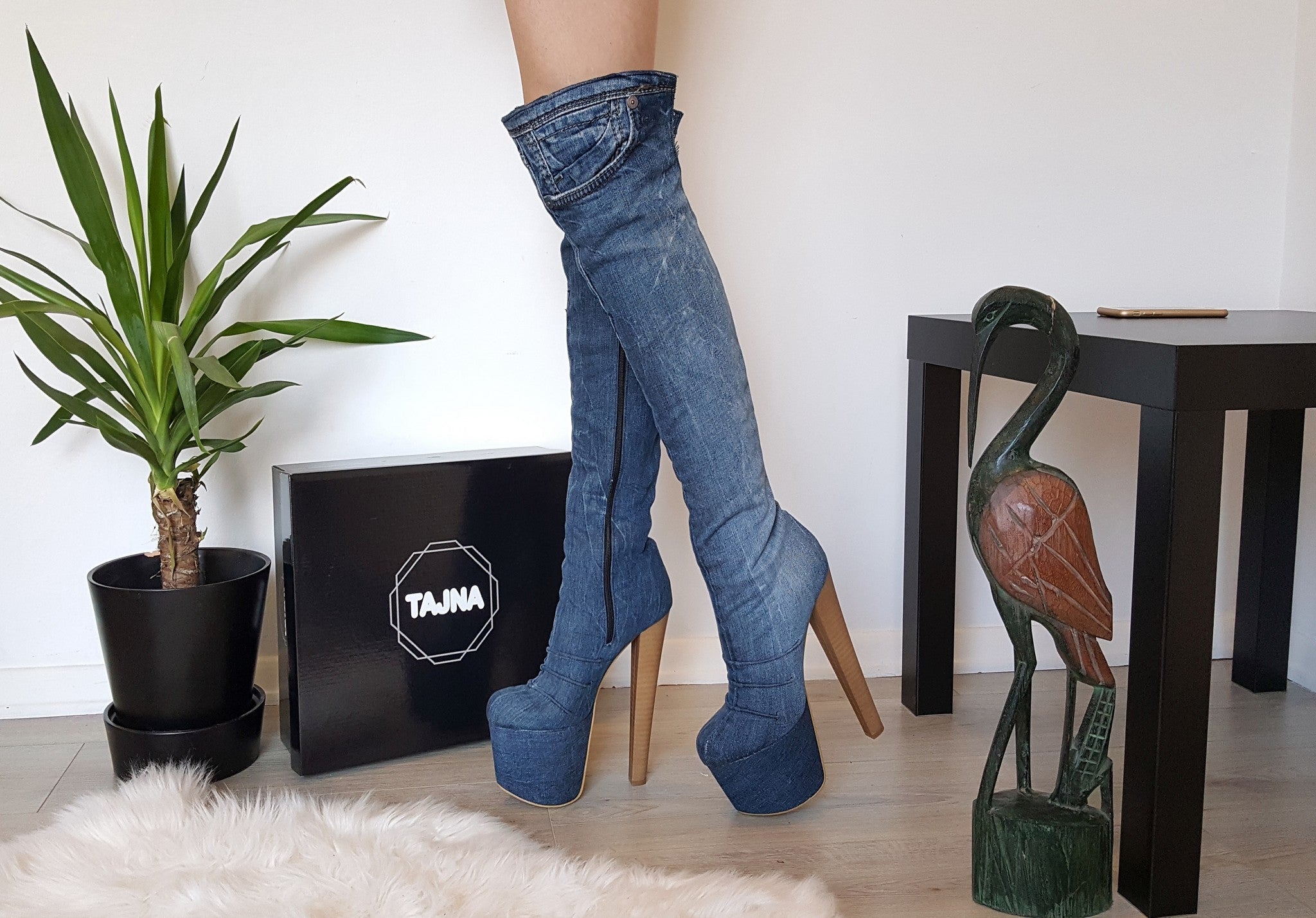 Over The Knee Jean Platform Boots - Tajna Club
