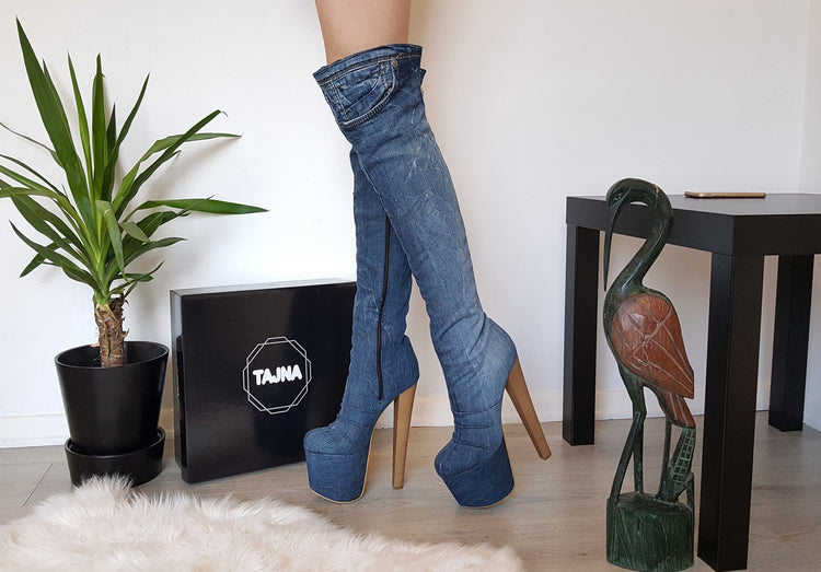 Over The Knee Jean Platform Boots - Tajna Club
