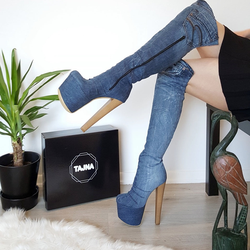 Over The Knee Jean Platform Boots - Tajna Club