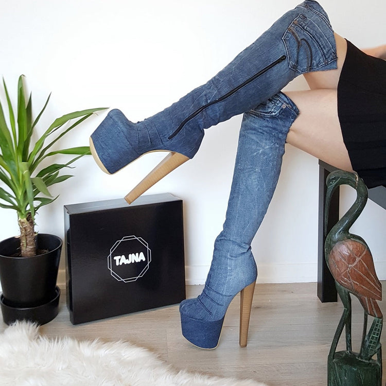 Over The Knee Jean Platform Boots - Tajna Club