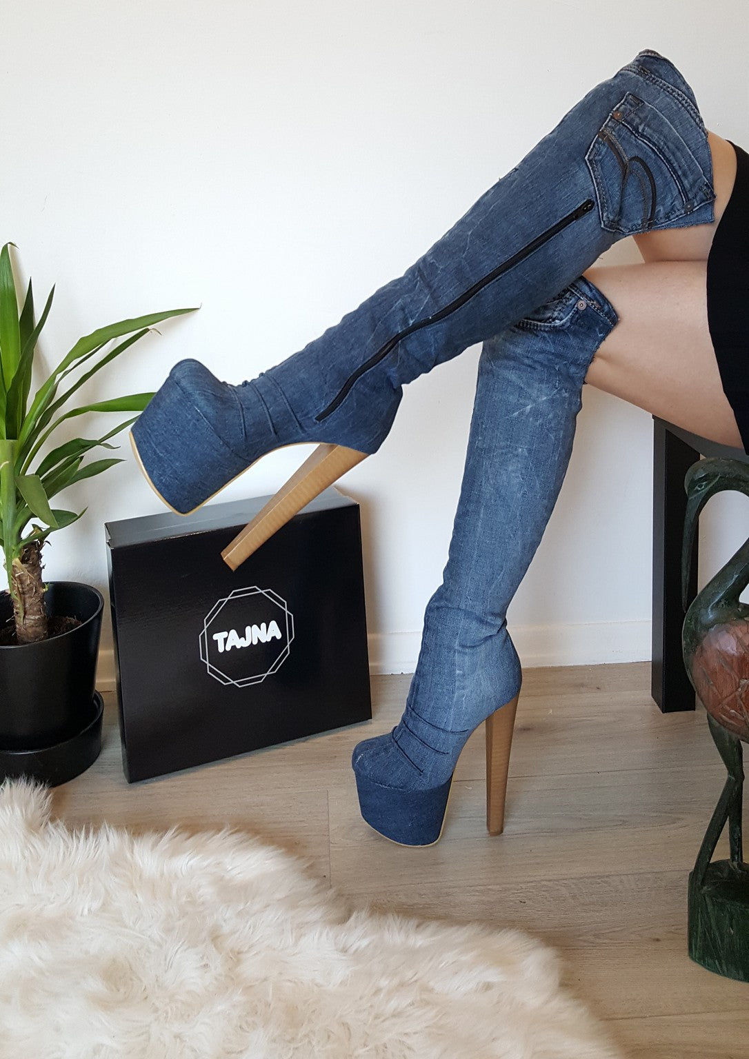 Over The Knee Jean Platform Boots - Tajna Club