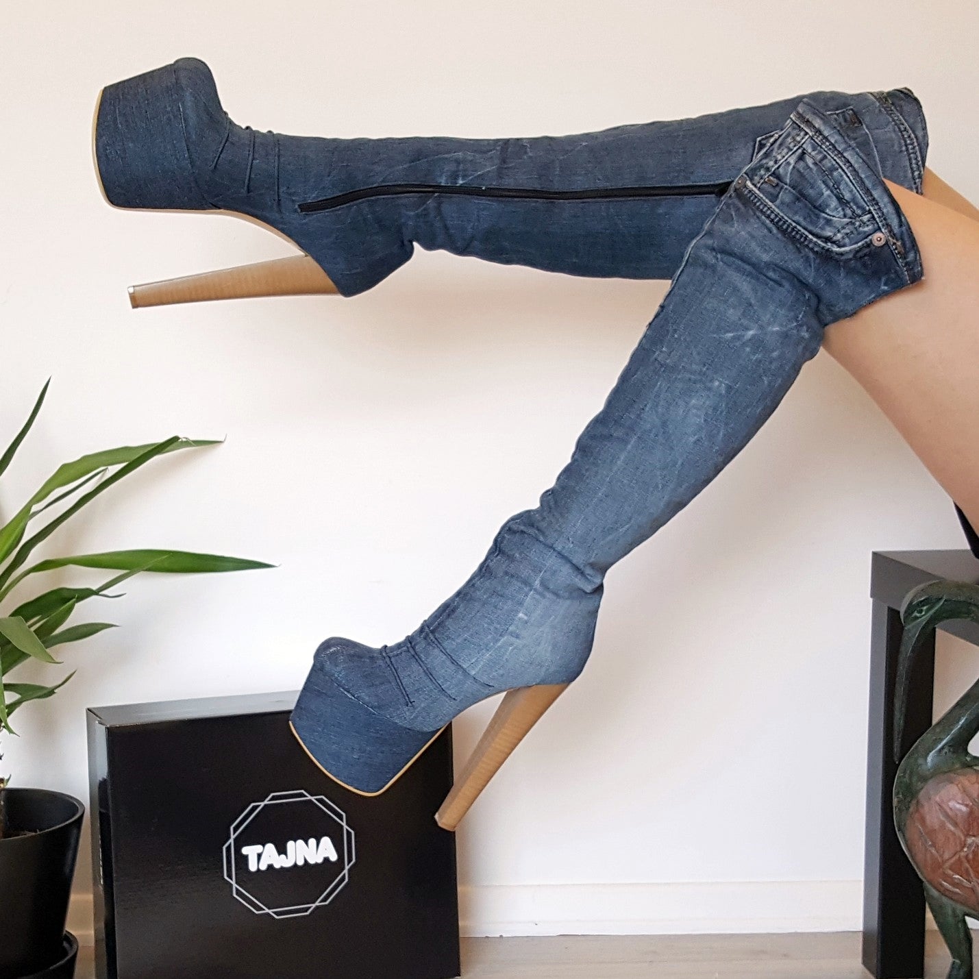 Over The Knee Jean Platform Boots - Tajna Club