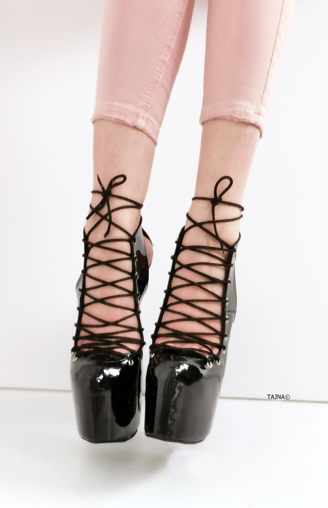 Black Patent Designer Lace Heels - Tajna Club