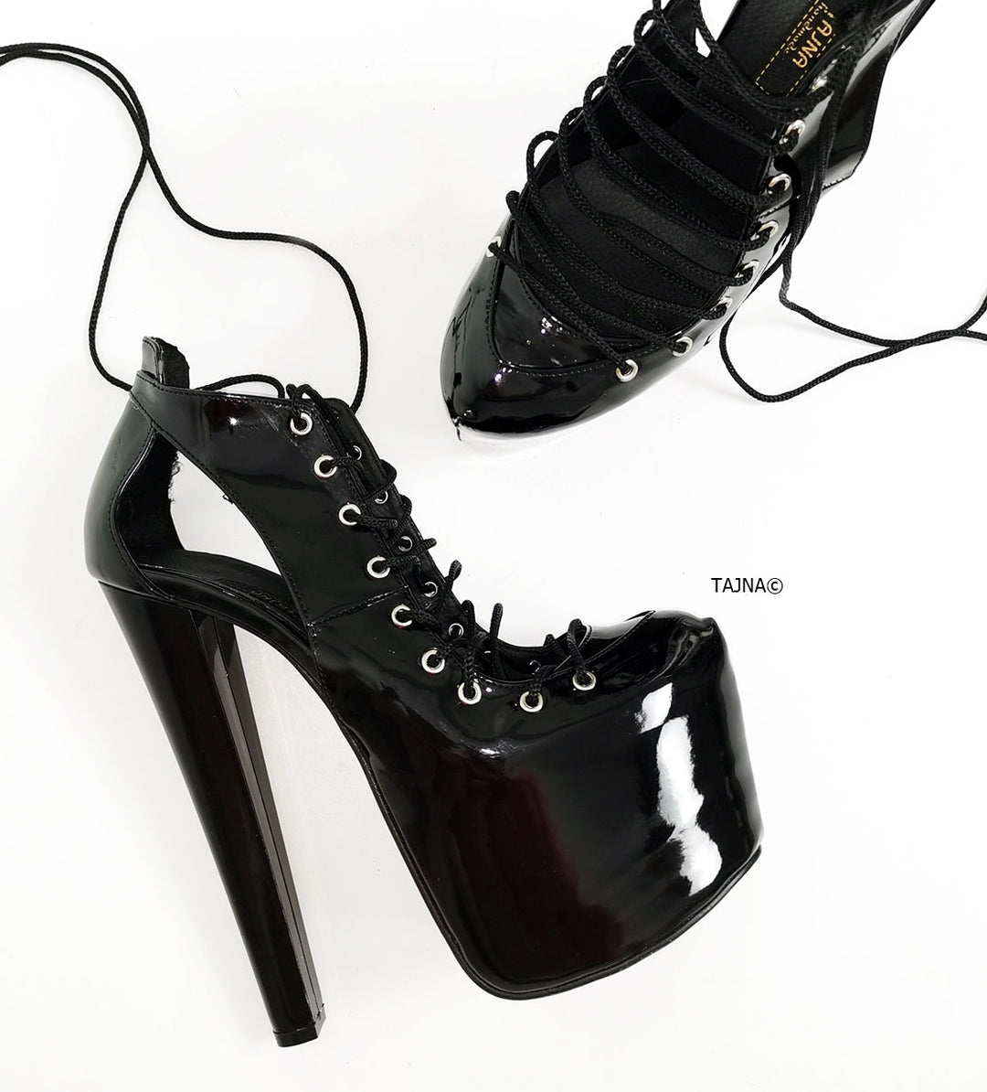 Black Patent Designer Lace Heels - Tajna Club