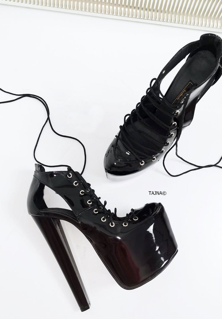 Black Patent Designer Lace Heels - Tajna Club