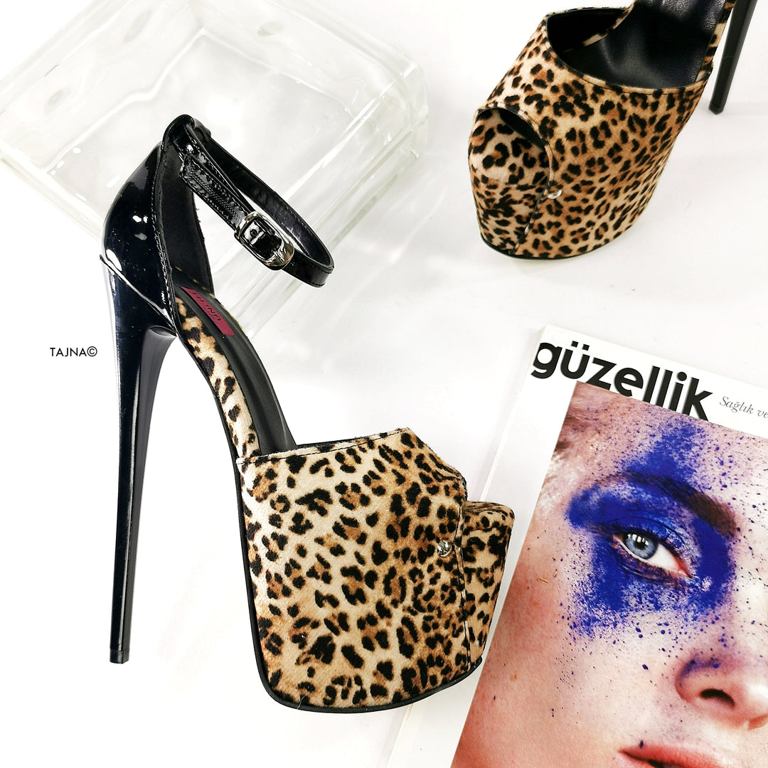 Black Gloss Leopard Detail Anke Strap Heels - Tajna Club