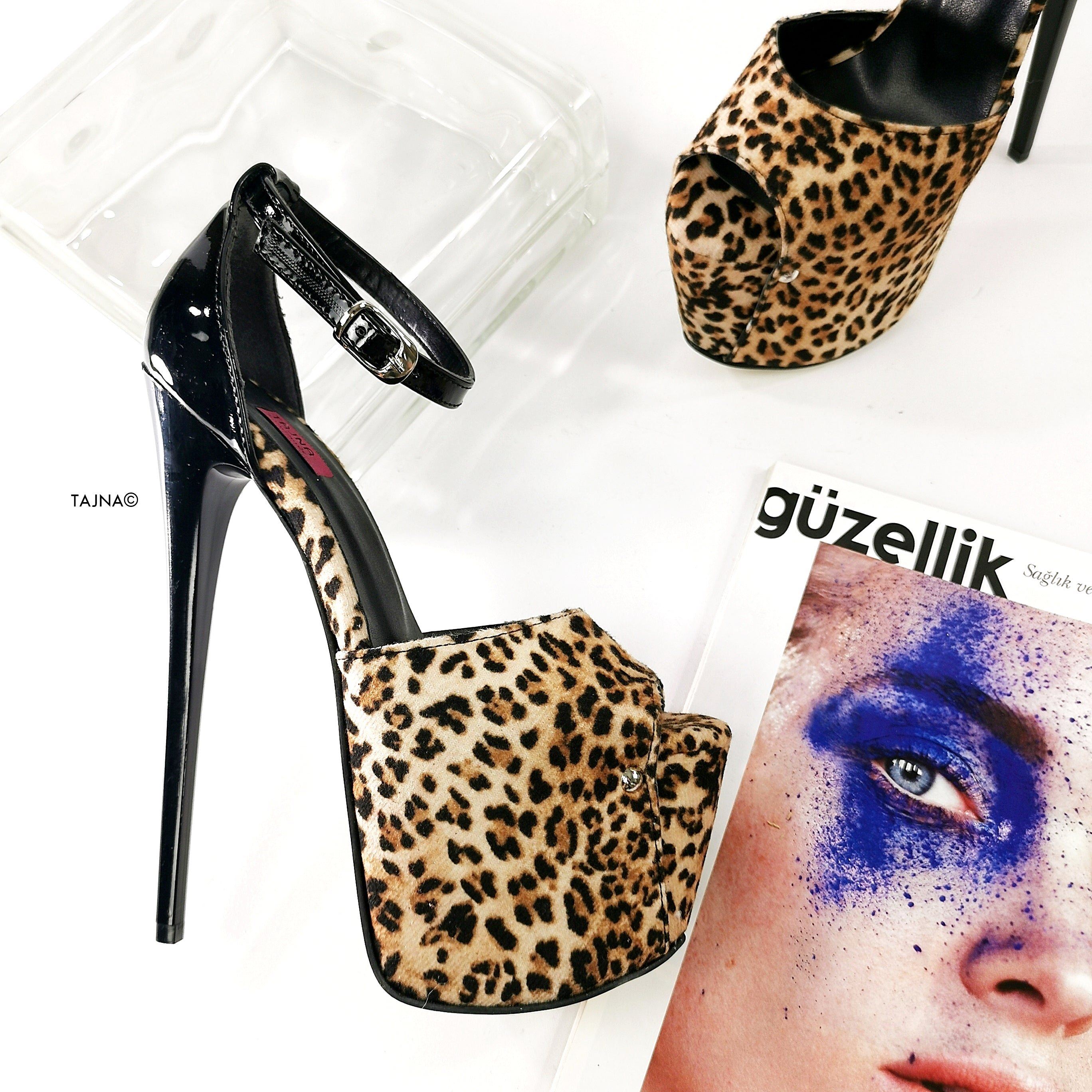 Black Gloss Leopard Detail Anke Strap Heels - Tajna Club