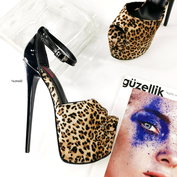 Black Gloss Leopard Detail Anke Strap Heels - Tajna Club