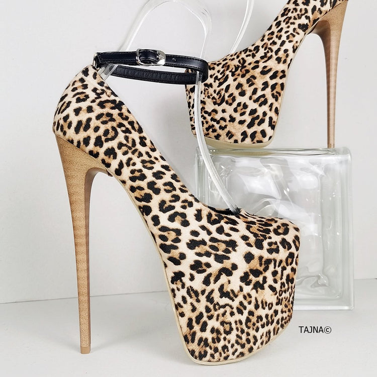 Leopard Ankle Strap Brown Thin Heels - Tajna Club