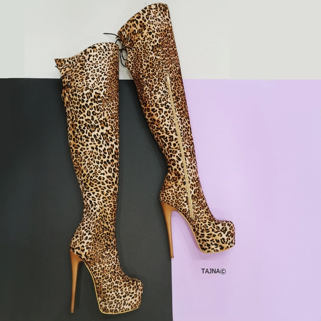 Leopard Over the Knee High Heel Boots - Tajna Club