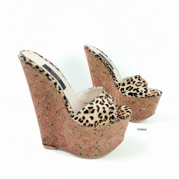Leopard Cork Peep Toe Wedge Mules - Tajna Club
