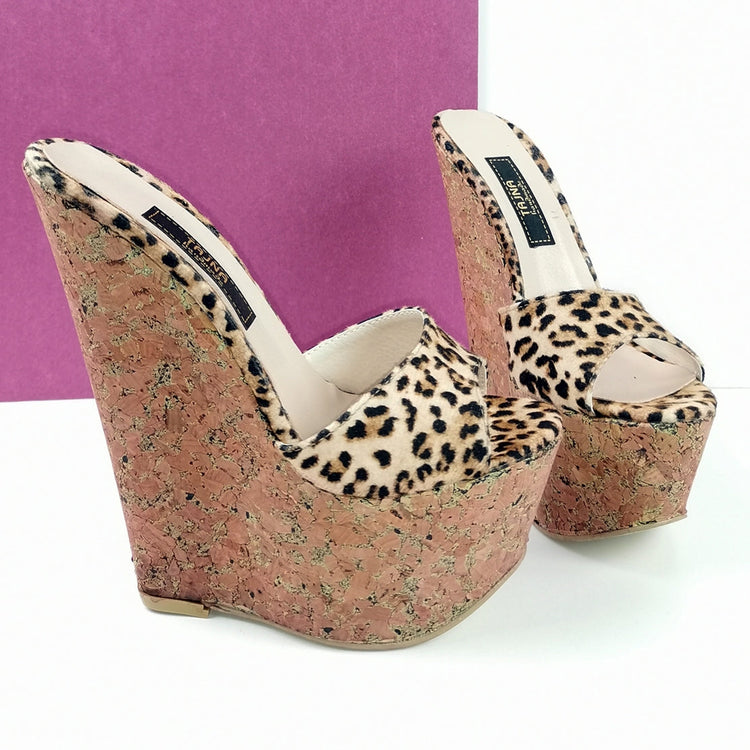 Leopard Cork Peep Toe Wedge Mules - Tajna Club