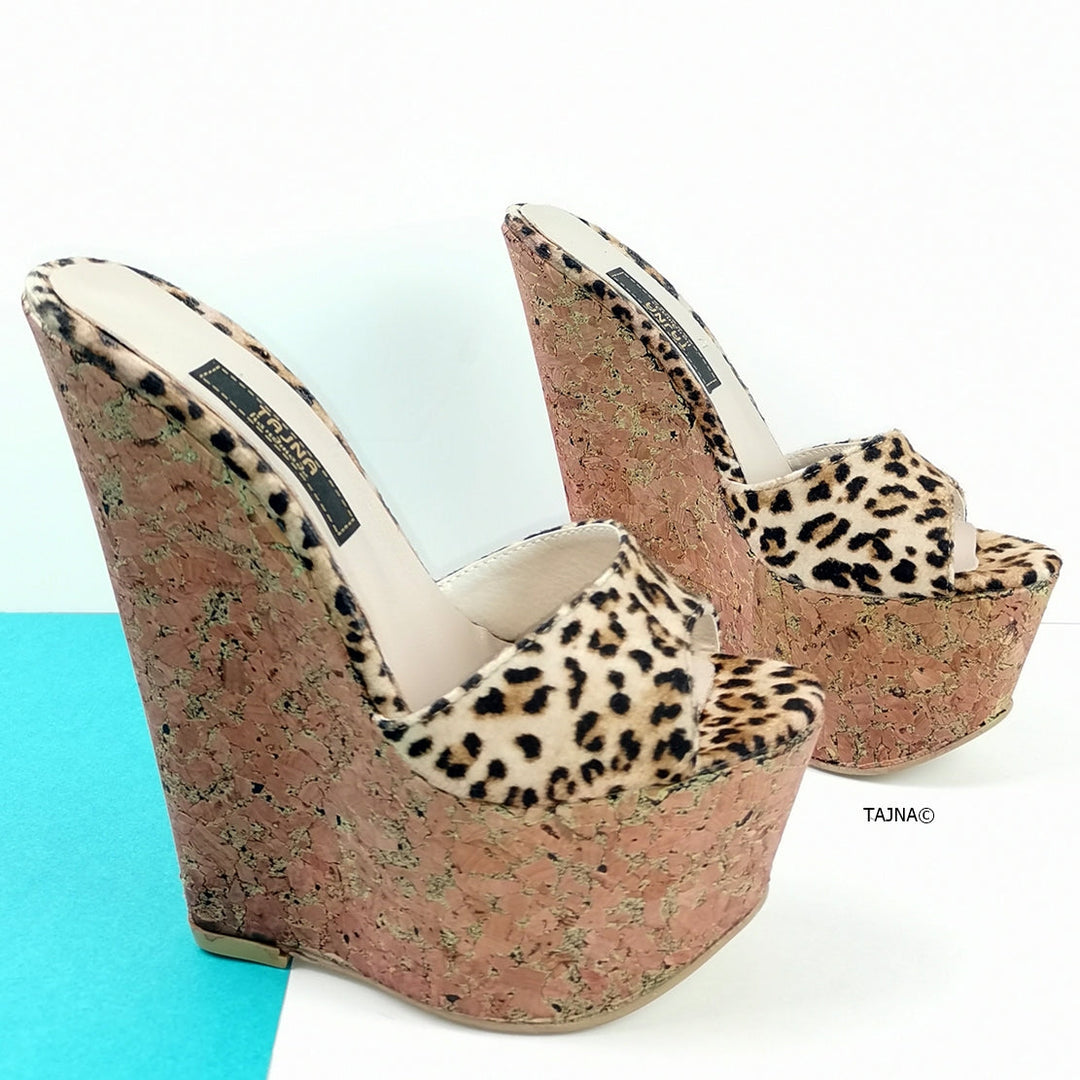 Leopard Cork Peep Toe Wedge Mules - Tajna Club