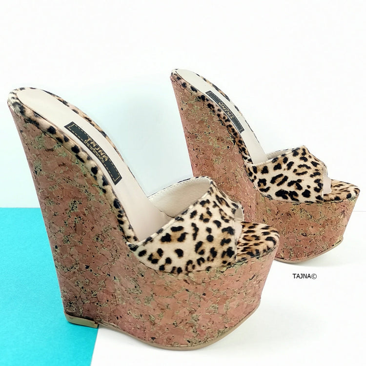 Leopard Cork Peep Toe Wedge Mules - Tajna Club