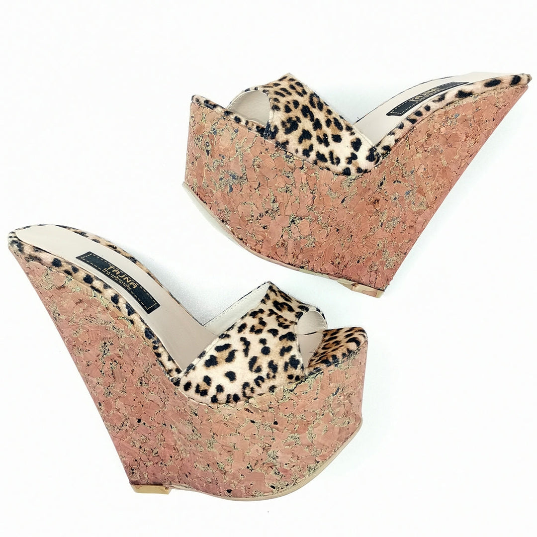 Leopard Cork Peep Toe Wedge Mules - Tajna Club