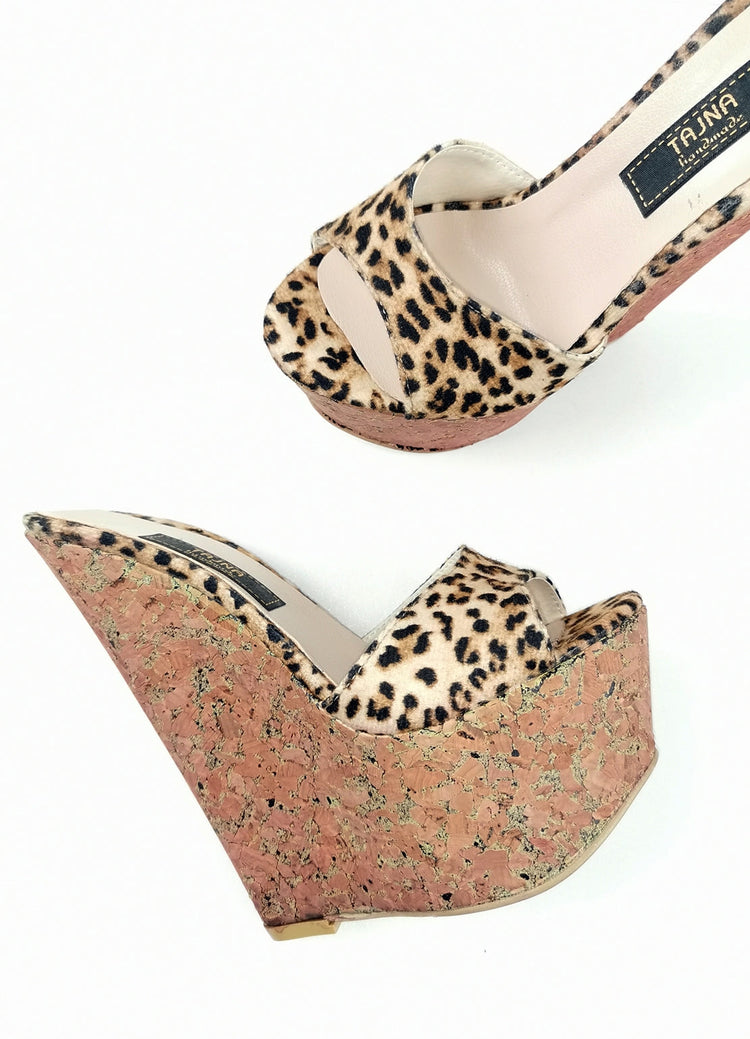 Leopard Cork Peep Toe Wedge Mules - Tajna Club