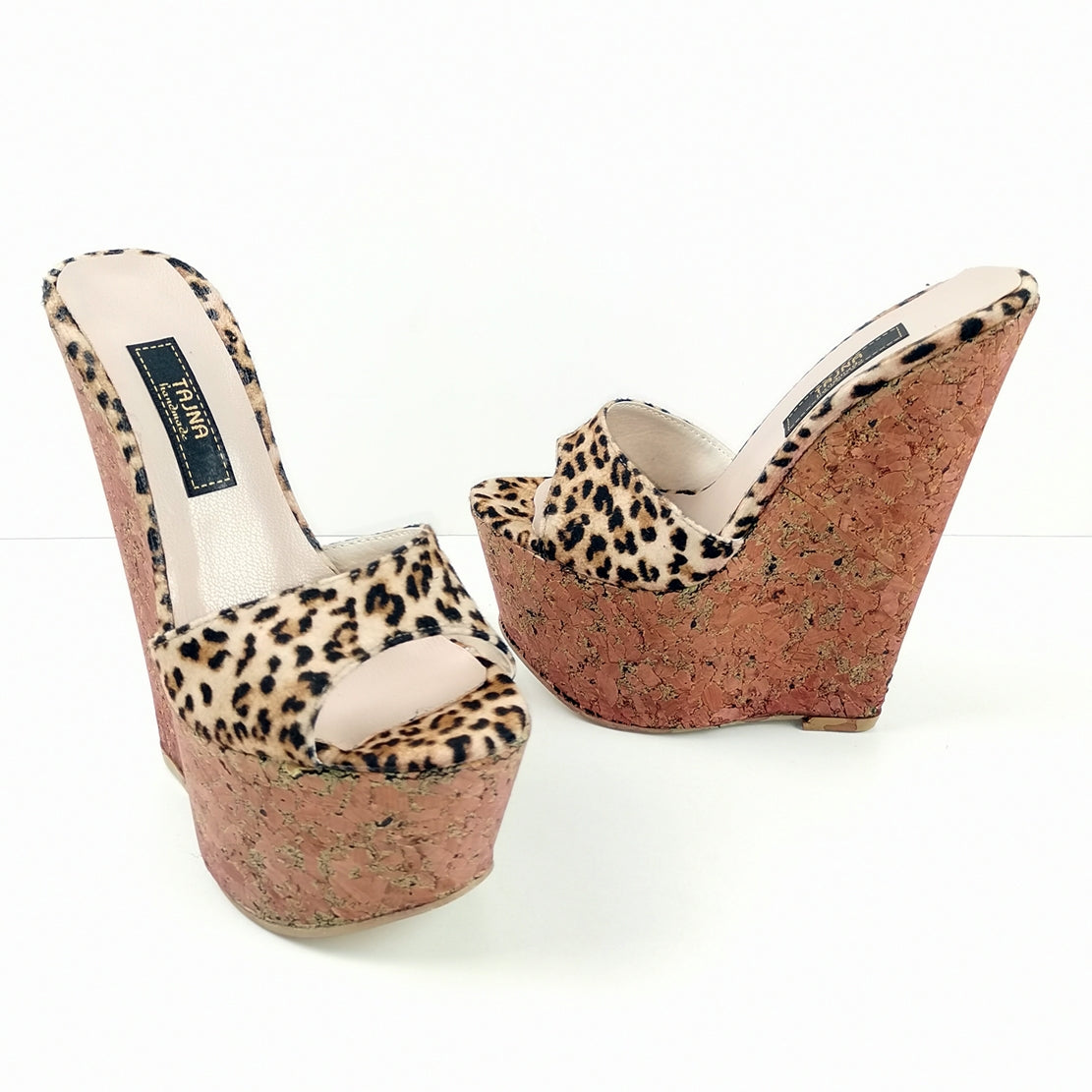Leopard Cork Peep Toe Wedge Mules - Tajna Club